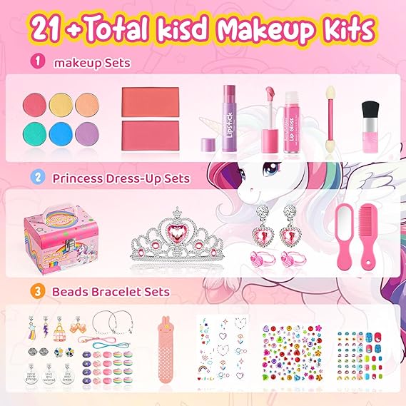 Kids Makeup Kit for Girls 4-12, Real Washable Cosmetics & DIY Jewelry Set