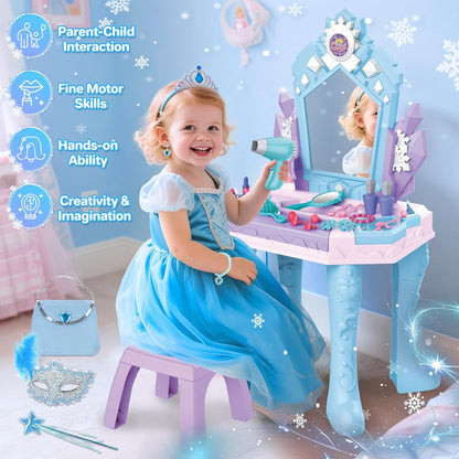 deAO Toddler Vanity Magic Makeup Table Set with Mirror & Music for Girls