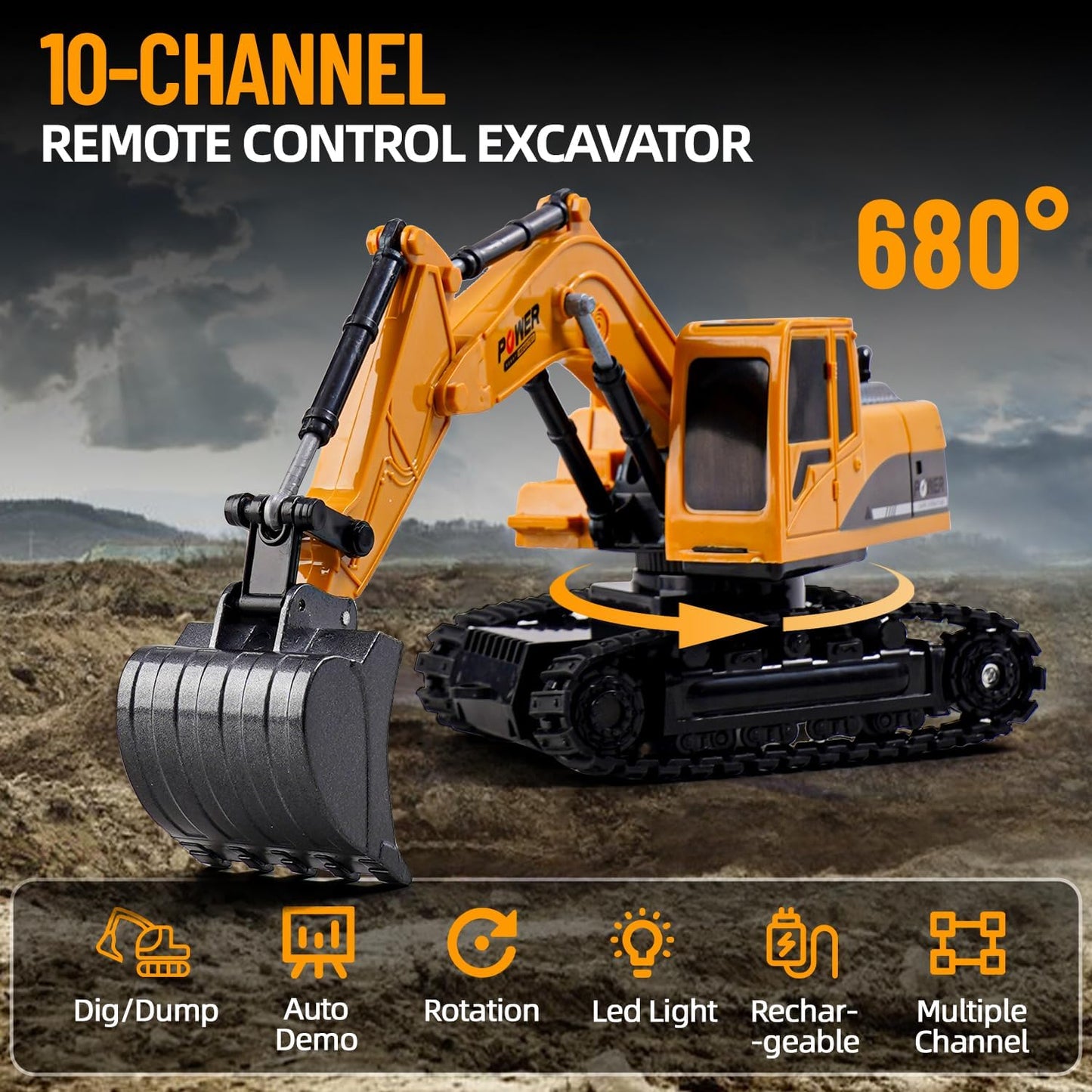 Rechargeable RC Excavator Toy with 680° Rotation, Metal Shovel, 60+ Min Playtime