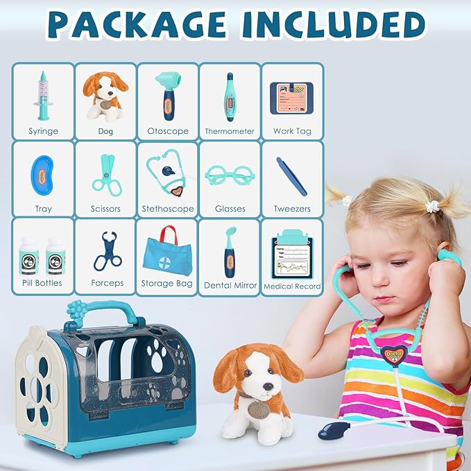 Kids Vet Kit with Toy Dog – Veterinarian Playset, Medical Kit with Carrier