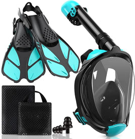 Viginsul Full Face Snorkel Mask & Adjustable Fins Set - Anti-Fog, Panoramic View