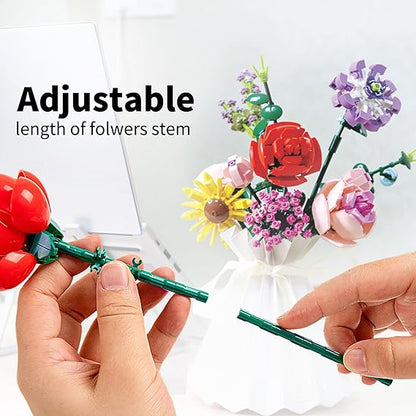 Adults Flower Bouquet Building Set, 11 DIY Flowers with Vase, 530pcs Kit