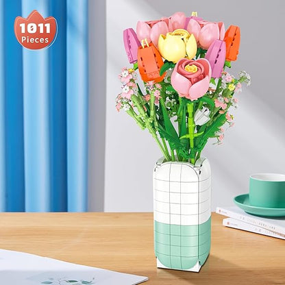 BOOZUU Flower Bouquet Building Set - 1011Pcs Pink Tulips & Roses with Vase