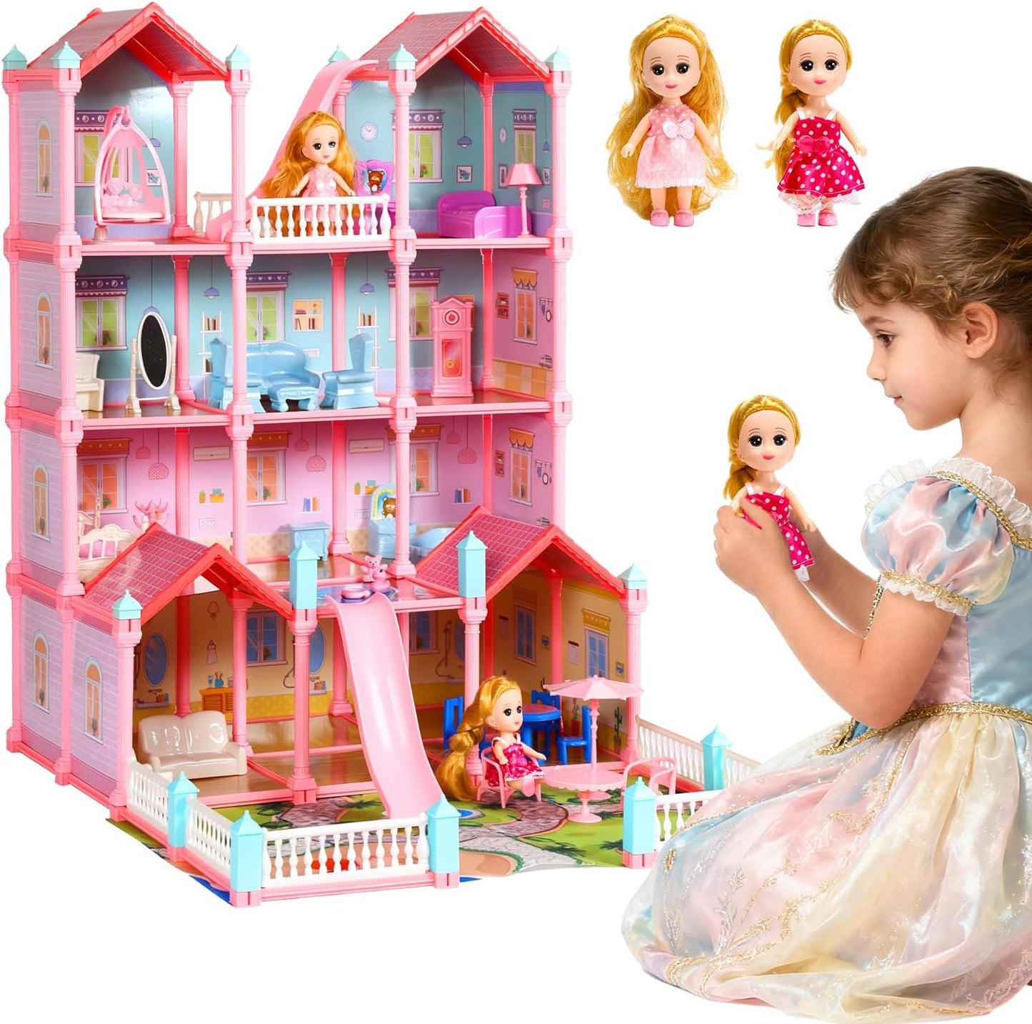 CUTE STONE 4-Story Dollhouse with 15 Rooms & Furniture Set for Girls