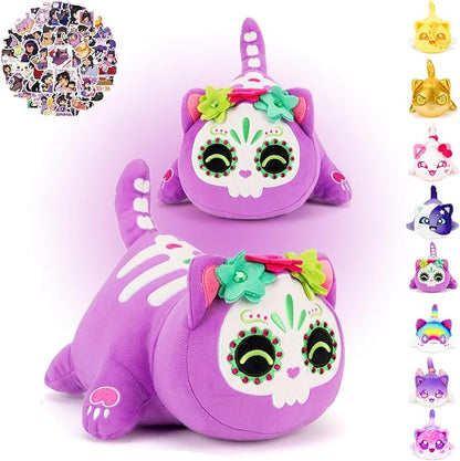 ZANEKCTOYS 5.9" Purple Skull Cat Plush & 60 Stickers – Cute Kawaii Cat Toy