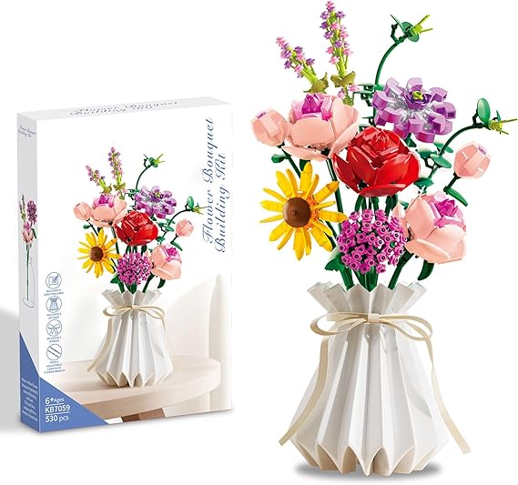 Adults Flower Bouquet Building Set, 11 DIY Flowers with Vase, 530pcs Kit