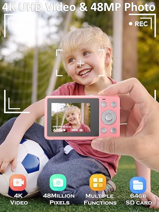 AZXL 4K Kids Digital Camera, 48MP, 16X Zoom, 2.4" Screen, 64GB SD Card