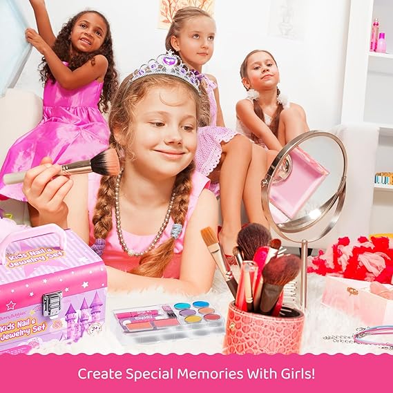 Kids Makeup Kit & Jewelry Box, Washable Cosmetics & DIY Jewelry Set