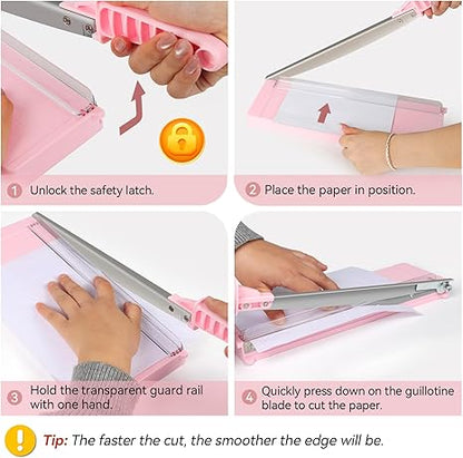 Alzuwims 12-Inch Guillotine Paper Cutter, 8-Sheet Capacity, Pink Trimmer