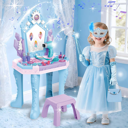 deAO Toddler Vanity Magic Makeup Table Set with Mirror & Music for Girls