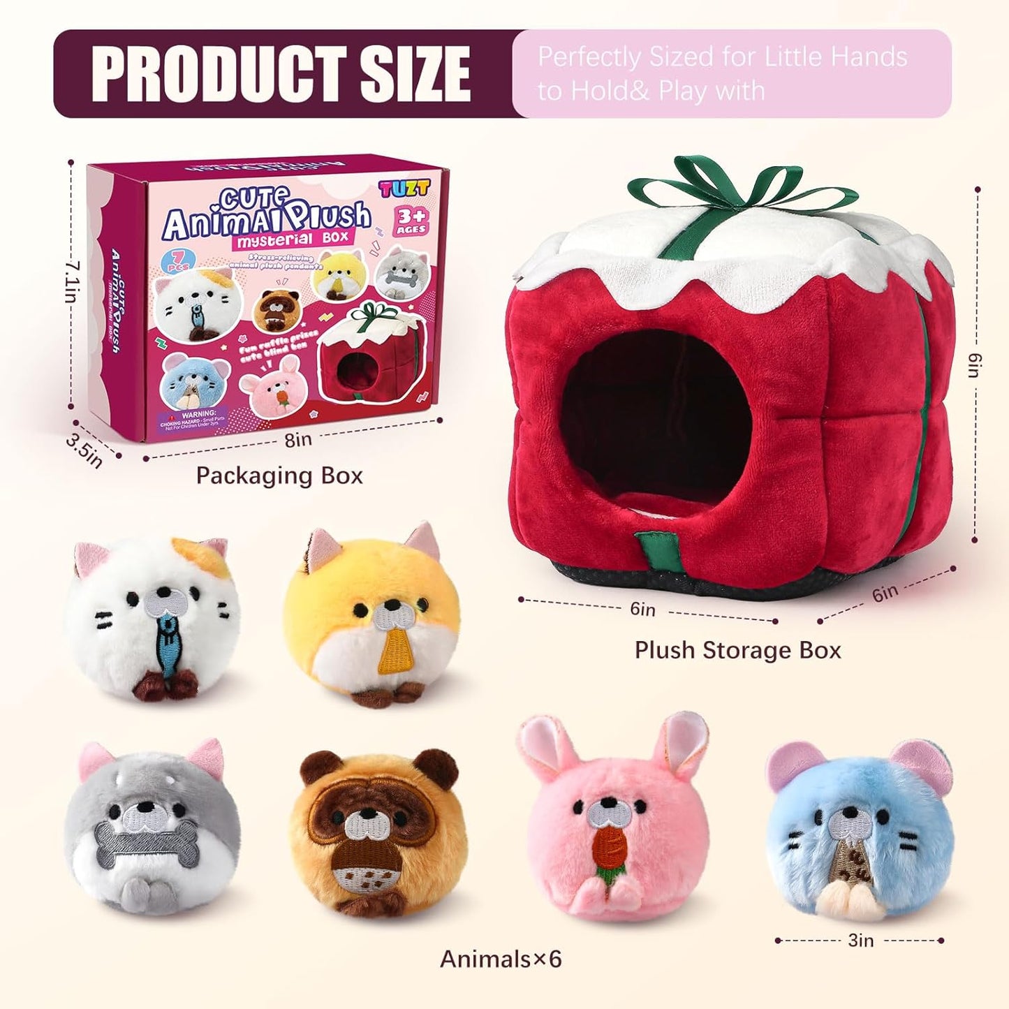 TUZT Mini Stuffed Animals Set with 6 Plush Toys & Carry Bag for Kids