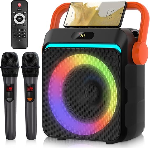 Portable Karaoke Machine with 2 Wireless Microphones & Strobe Lights