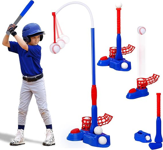 Janbren 4-in-1 T-Ball Set for Kids, Adjustable Tee, Ball Launcher & Bat