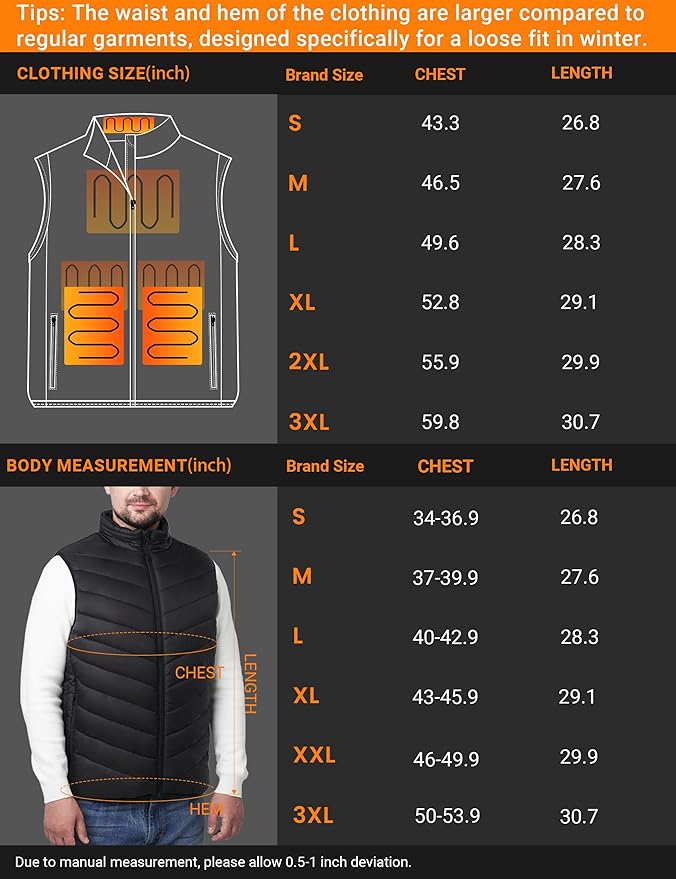 Men's Heated Vest - 6 Heating Zones, 3 Levels, Quick Heating, No Battery Pack