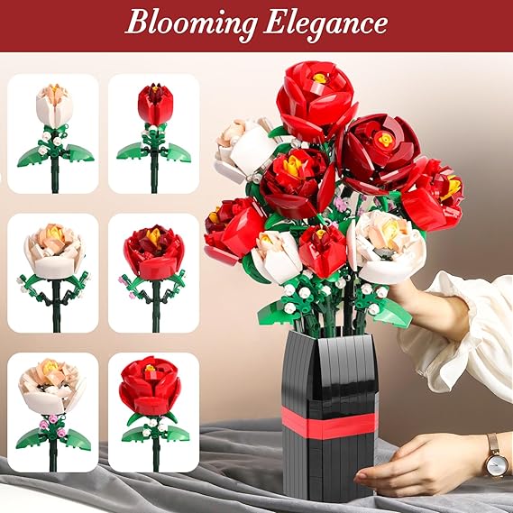 Flowers Bouquet Building Set with Vase, 818 PCS, Ideal Gift for Her & Him