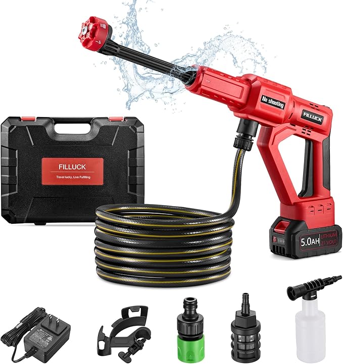 Filluck Cordless Pressure Washer - 1060 PSI, 3-Speed, 5.0Ah Battery, 6-in-1 Nozzle