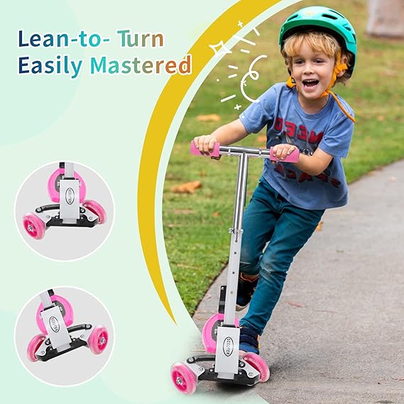 VUGHIUA Toddler Scooter – Foldable 3-Wheel, Lean-to-Steer Adjustable Height