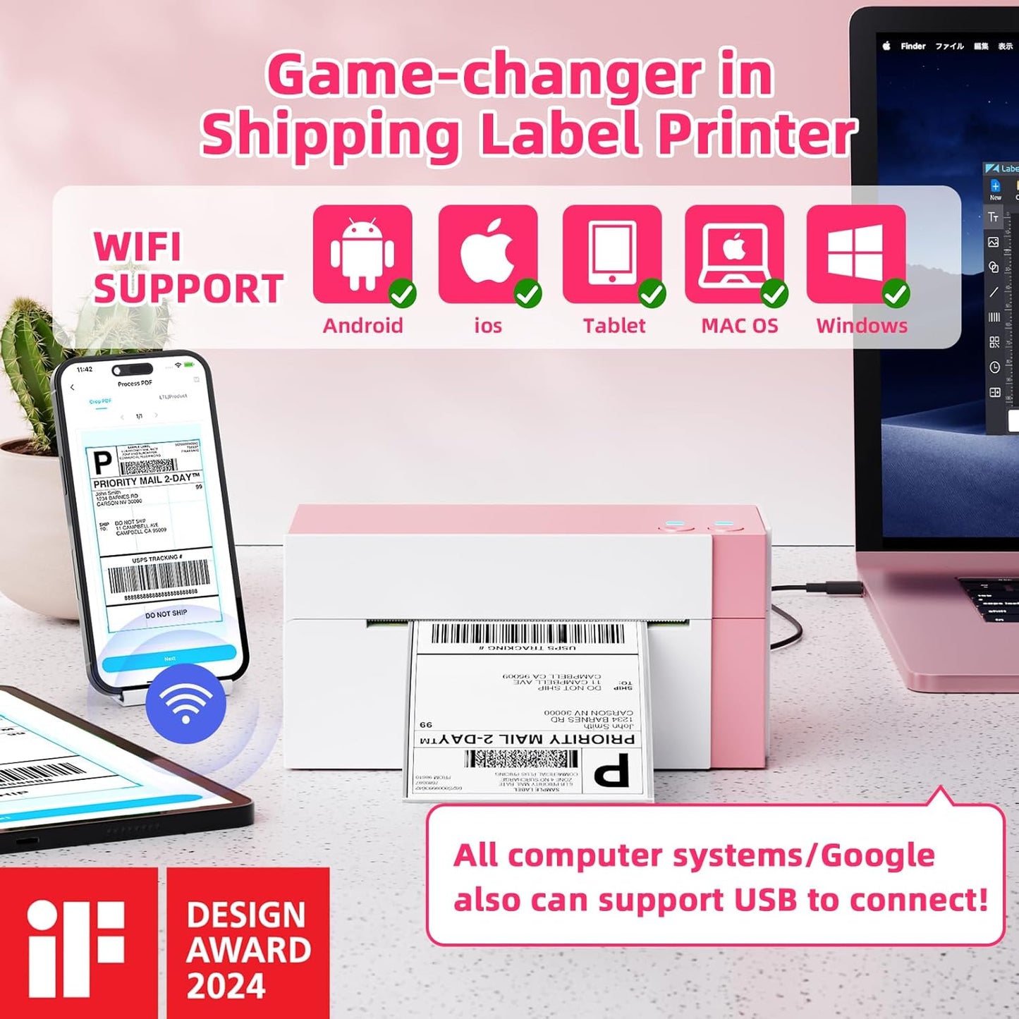 Omezizy WiFi Shipping Label Printer 4x6 – 300DPI Wireless Thermal Printer