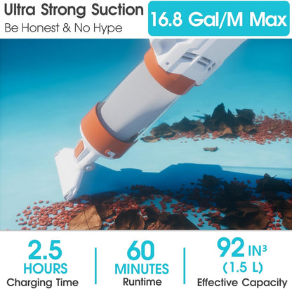 AQUAFYSH Cordless Pool Vacuum – 16.8 GPM Suction, 60M Run-Time, 25µm Filter