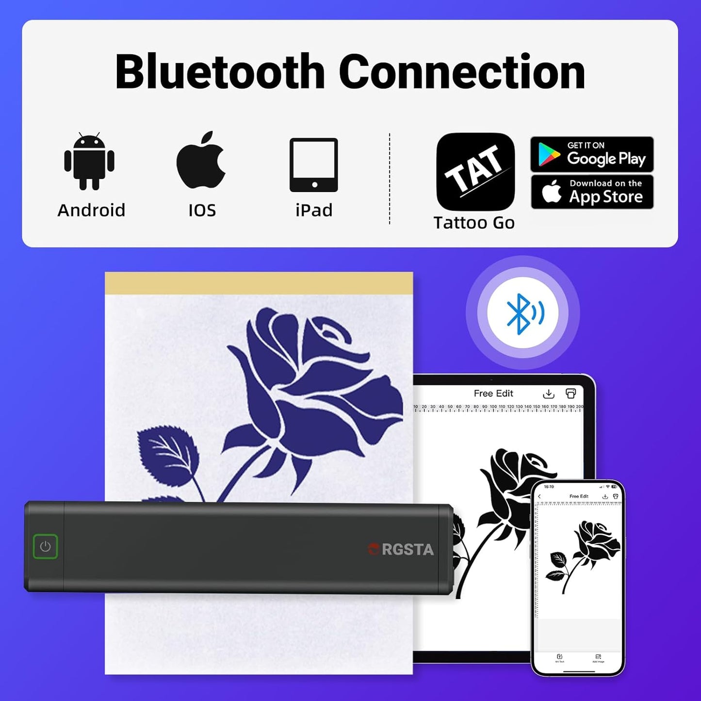 ORGSTA Wireless Tattoo Stencil Printer S008 Bundle with Transfer Paper Kit