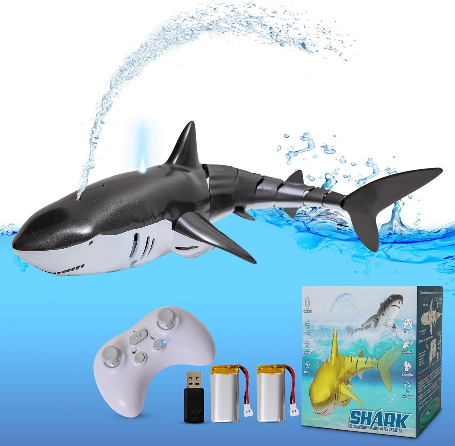 ByteX Remote Control Shark Toy with Lights & Water Spray, Perfect for Pools