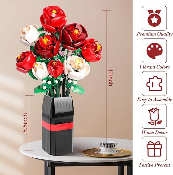 Flowers Bouquet Building Set with Vase, 818 PCS, Ideal Gift for Her & Him