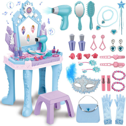 deAO Toddler Vanity Magic Makeup Table Set with Mirror & Music for Girls