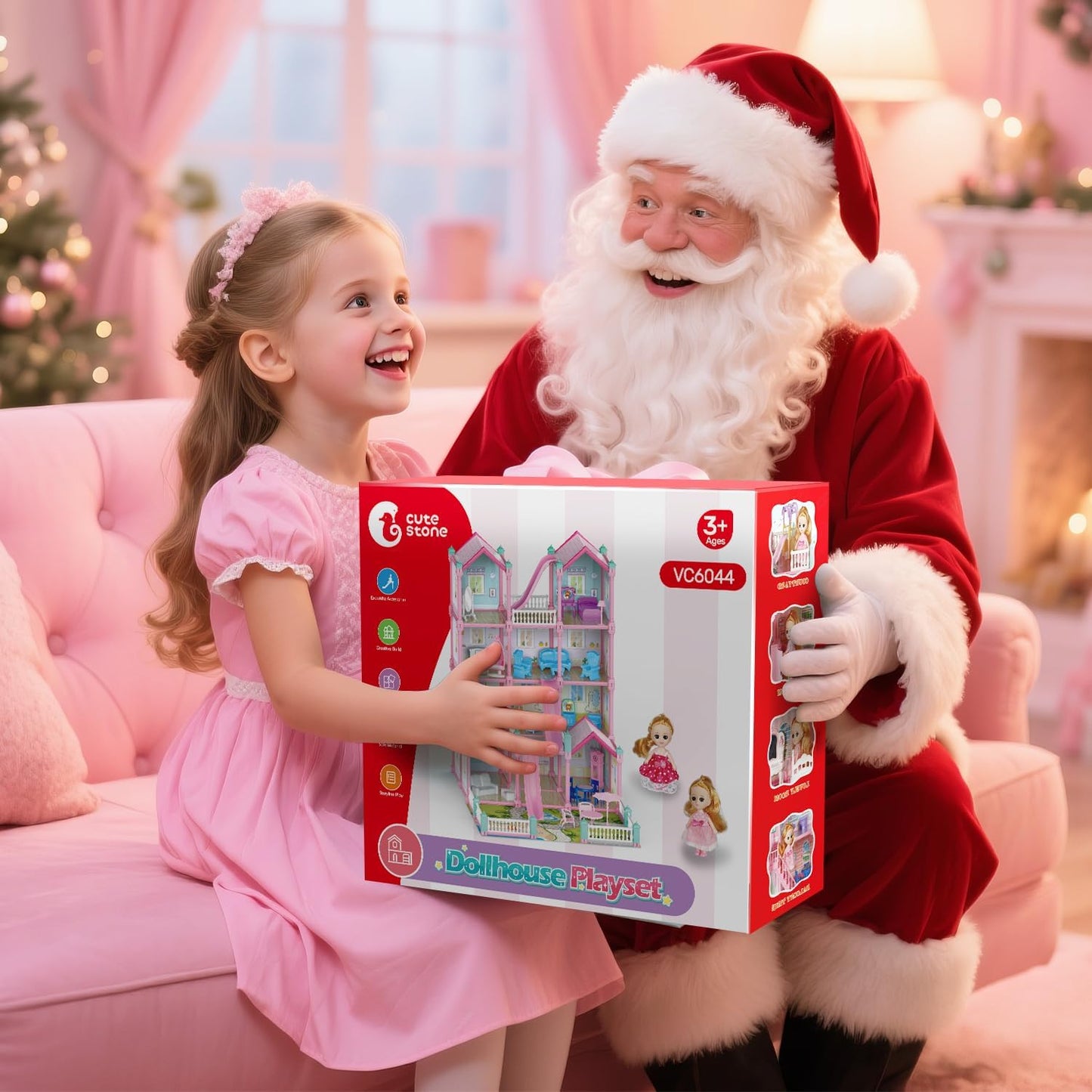 CUTE STONE 4-Story Dollhouse with 15 Rooms & Furniture Set for Girls