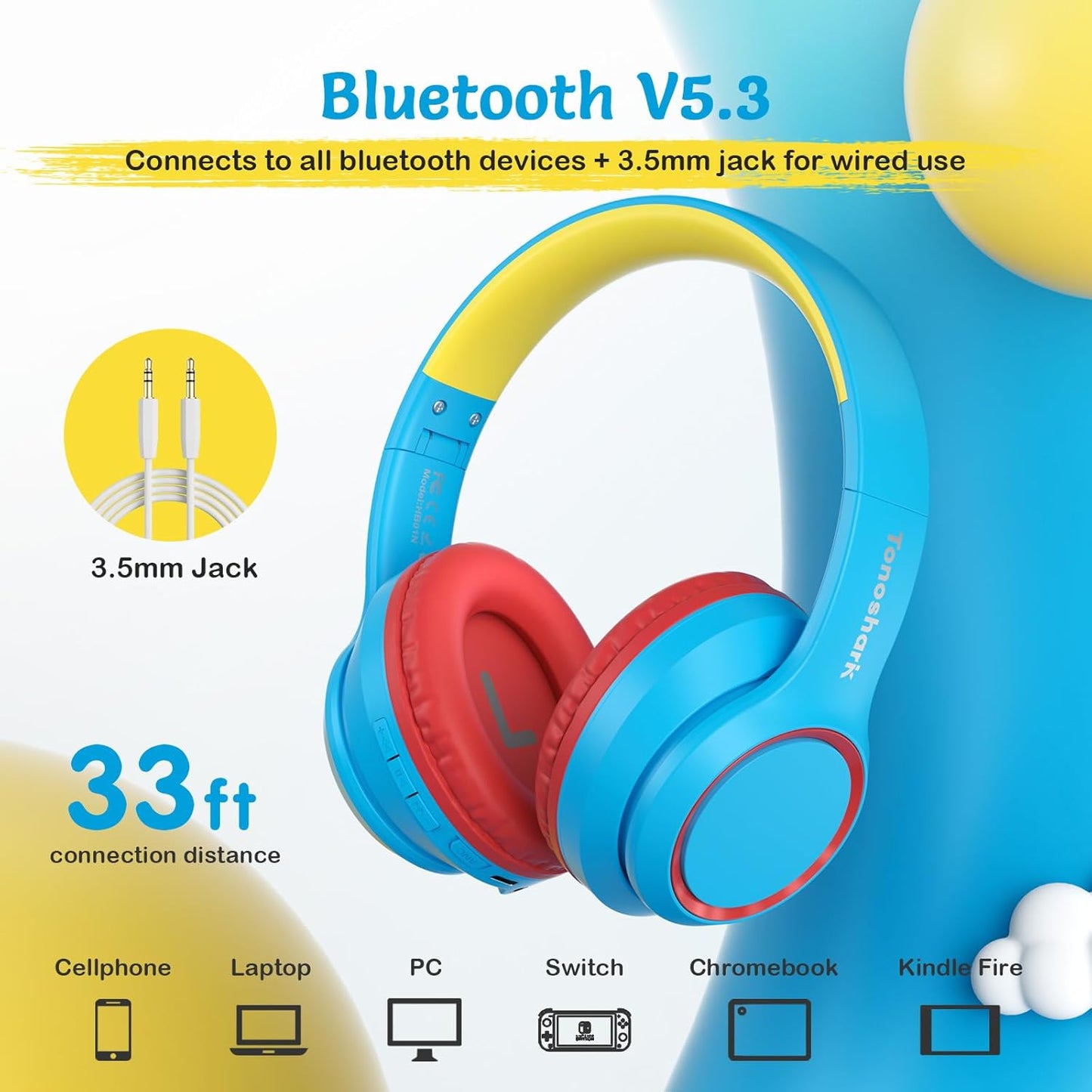 TONOSHARK Kids Bluetooth Headphones with ANC, Foldable Over-Ear