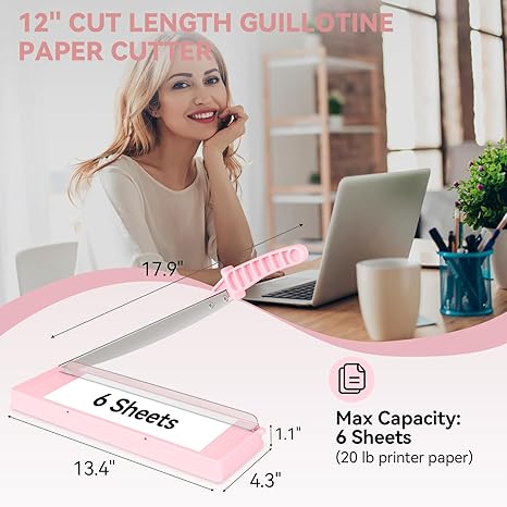 Alzuwims 12-Inch Guillotine Paper Cutter, 8-Sheet Capacity, Pink Trimmer