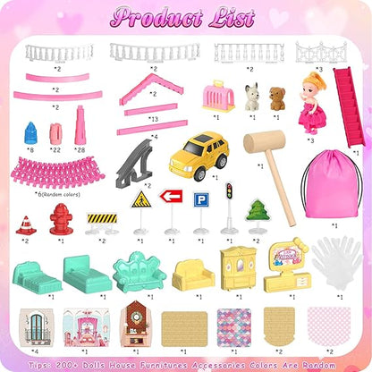 Mastom Princess Dollhouse with Car Track & 200+ Accessories - Pink Castle