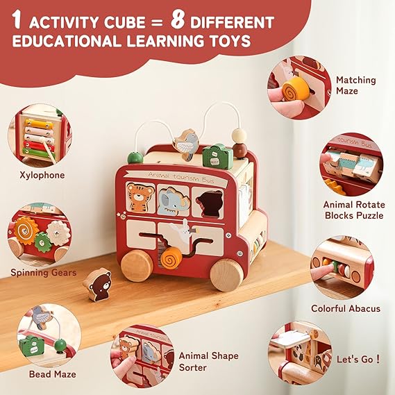 8-in-1 Wooden Montessori Activity Cube | Educational Travel Bus Toy