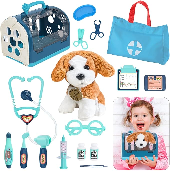 Kids Vet Kit with Toy Dog – Veterinarian Playset, Medical Kit with Carrier