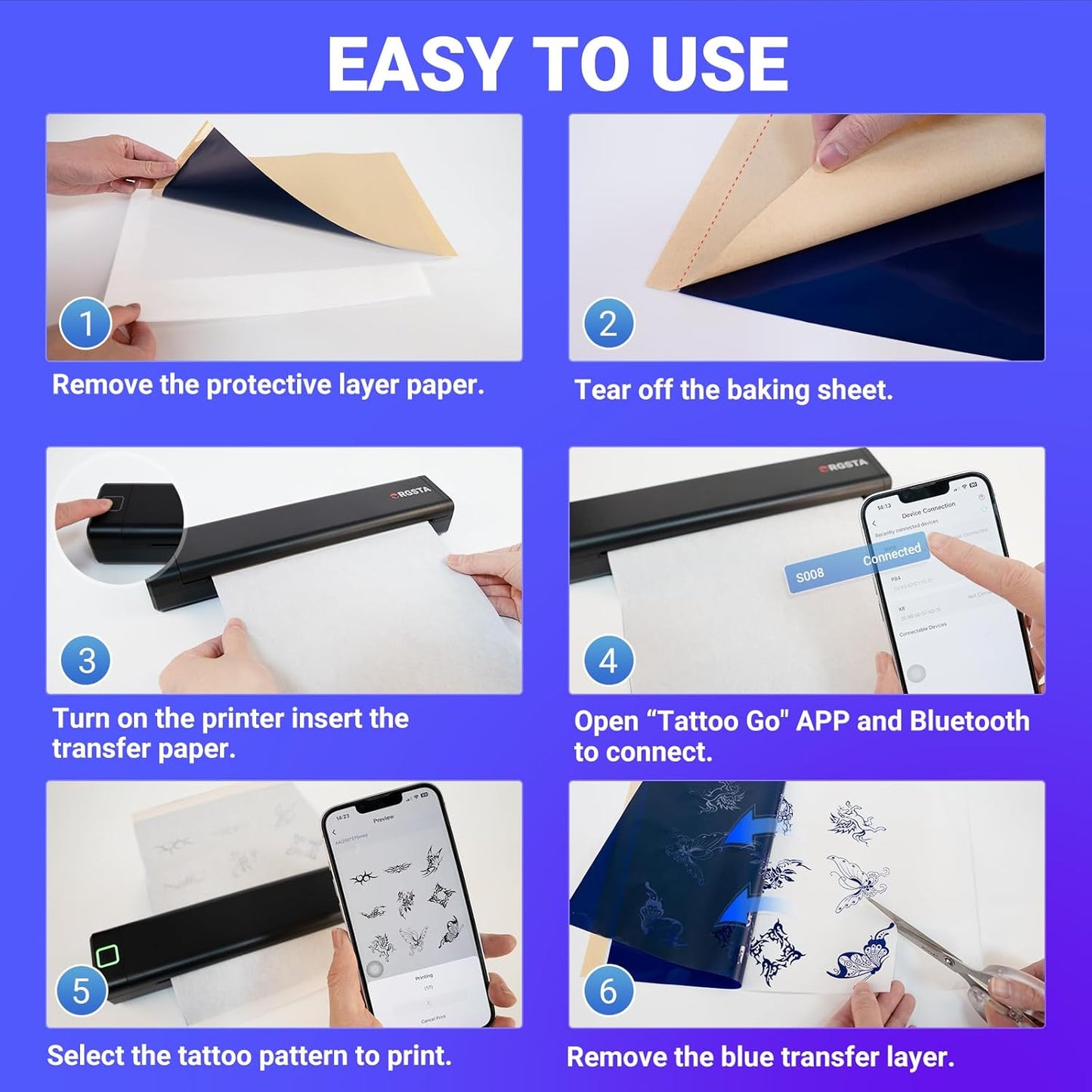 ORGSTA Wireless Tattoo Stencil Printer S008 Bundle with Transfer Paper Kit