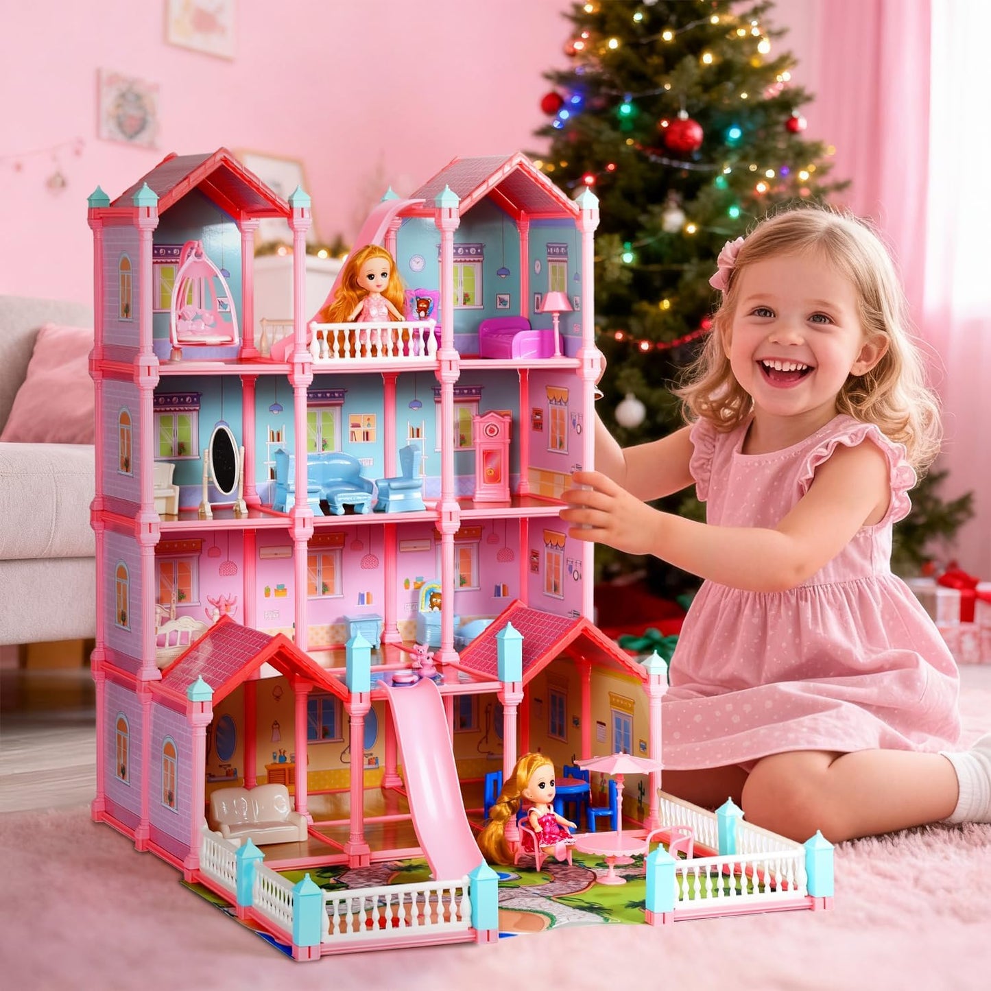 CUTE STONE 4-Story Dollhouse with 15 Rooms & Furniture Set for Girls