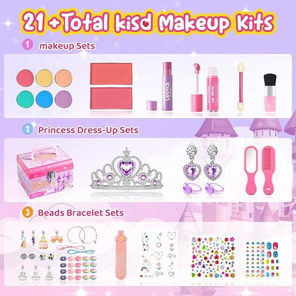 Kids Makeup Kit & Jewelry Box, Washable Cosmetics & DIY Jewelry Set