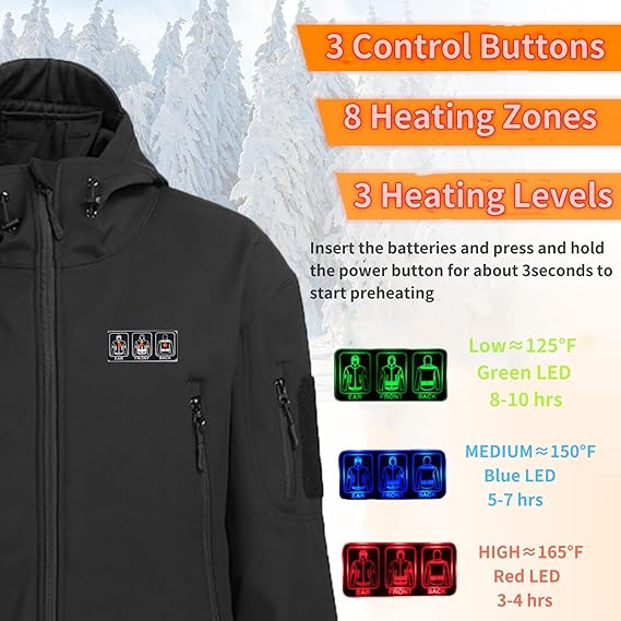 Men’s 12V Heated Jacket – Waterproof, Windproof,8-Zone Heating, 10H Battery