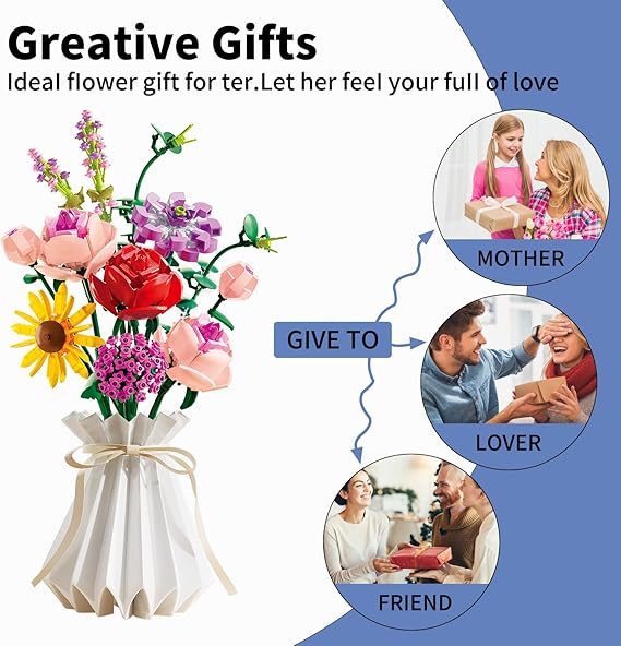 Adults Flower Bouquet Building Set, 11 DIY Flowers with Vase, 530pcs Kit