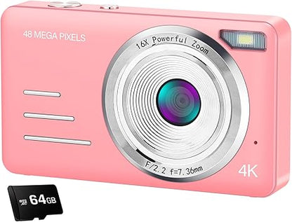 AZXL 4K Kids Digital Camera, 48MP, 16X Zoom, 2.4" Screen, 64GB SD Card