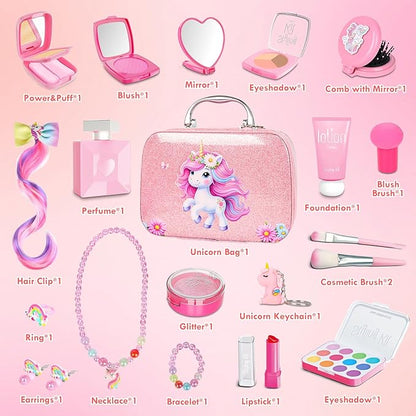 Kids Pretend Makeup Set – Unicorn Case, Jewelry & Brushes for Girls 3-8+