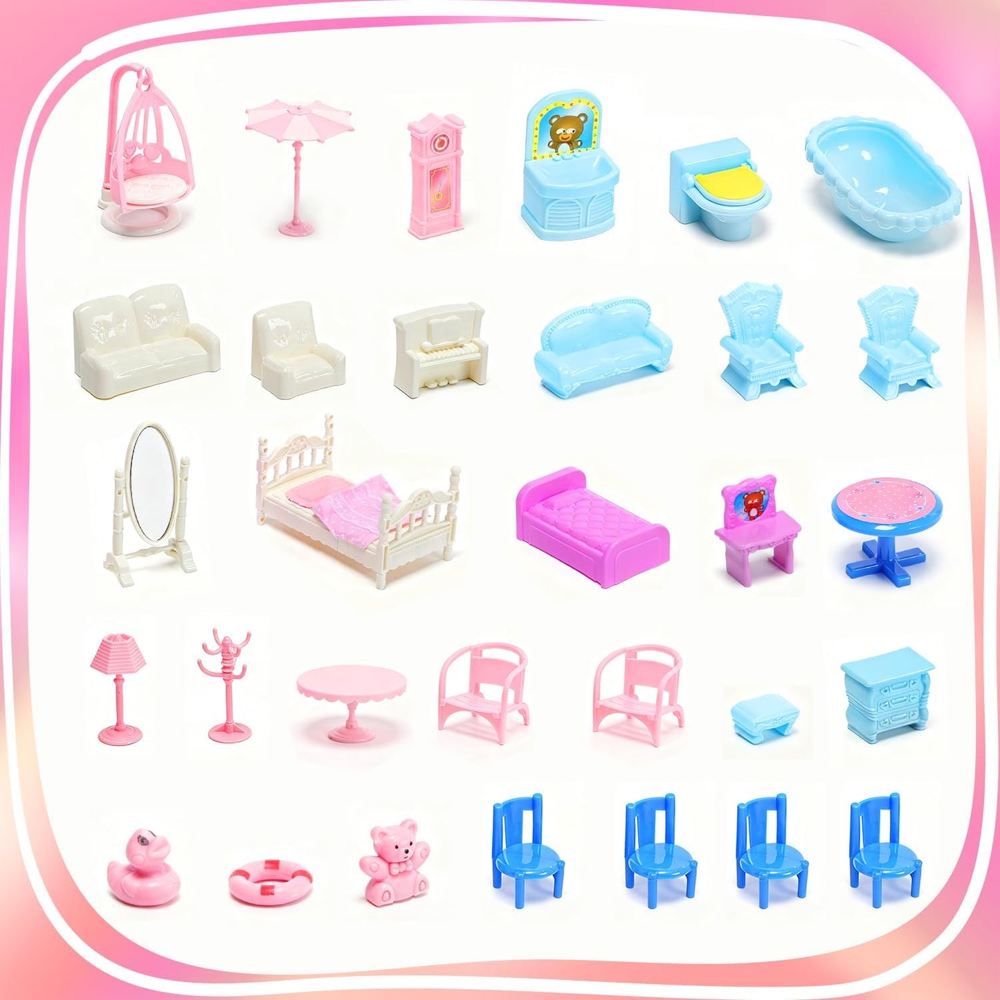 CUTE STONE 4-Story Dollhouse with 15 Rooms & Furniture Set for Girls