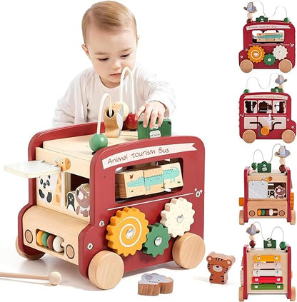 8-in-1 Wooden Montessori Activity Cube | Educational Travel Bus Toy