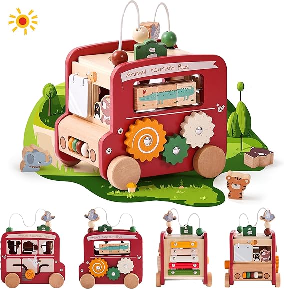 8-in-1 Wooden Montessori Activity Cube | Educational Travel Bus Toy