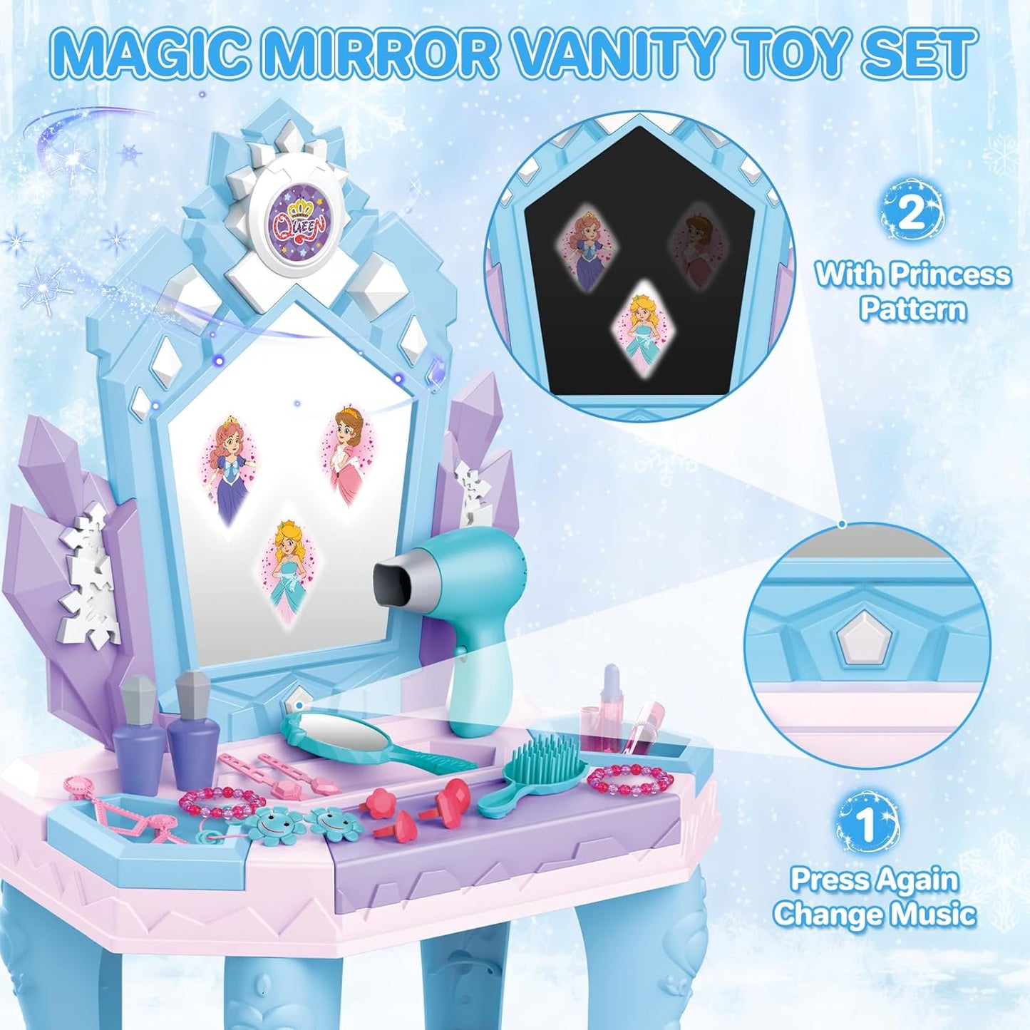 deAO Toddler Vanity Magic Makeup Table Set with Mirror & Music for Girls