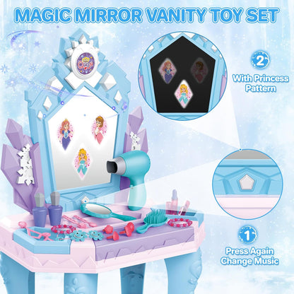 deAO Toddler Vanity Magic Makeup Table Set with Mirror & Music for Girls