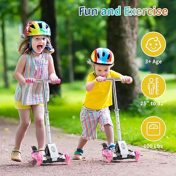 VUGHIUA Toddler Scooter – Foldable 3-Wheel, Lean-to-Steer Adjustable Height