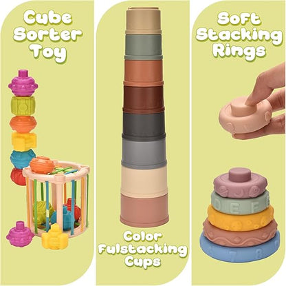 Majabike 7-in-1 Montessori Baby Toys Set – Sensory Blocks & Stacking Rings