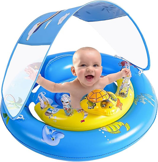 GEEQUFLOAT Baby Pool Float with UPF50+ Canopy, Extra Wide and Safe