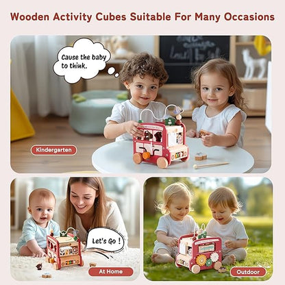 8-in-1 Wooden Montessori Activity Cube | Educational Travel Bus Toy