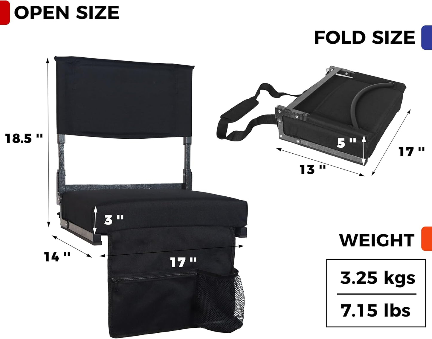 JST GAMEZ Black Stadium Seat with Back Support & Thick Foam Cushion